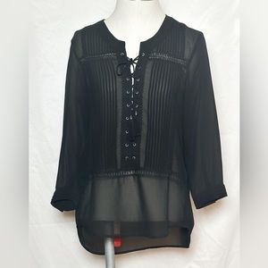 THE KOOPLES BLACK SHEER GROMMET LACE UP TASSEL TIE PLEATED EMBROIDERED BLOUSE S